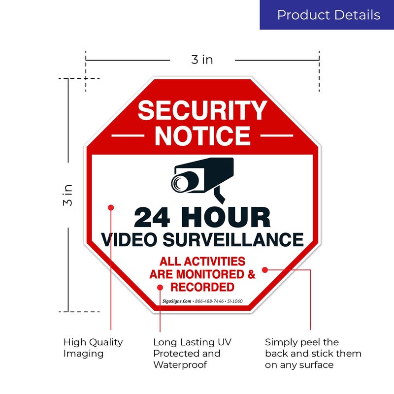Sigo Signs Video Surveillance Sticker, (9 Pack) 3x3 Inches, 4 Mil Vinyl Decal Stickers UV Protected, Long Lasting, Fade Resistant, Indoor/Outdoor Use, Made in USA - Image 3